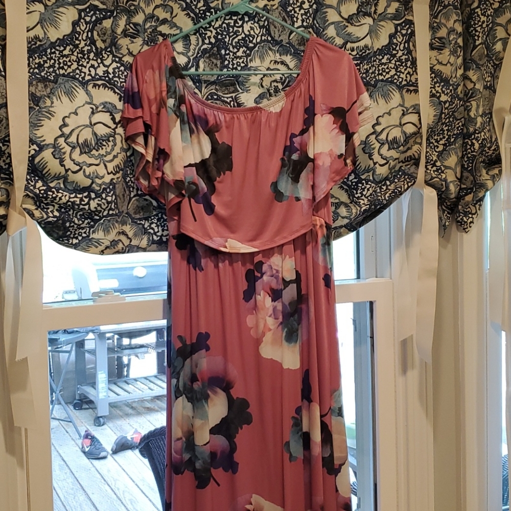 Pink Floral Ruffle Off Shoulder Maxi Dress